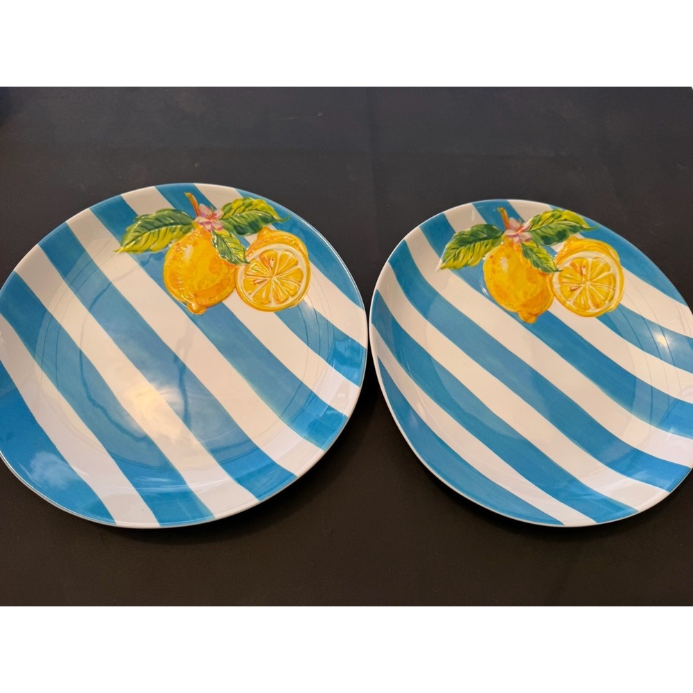 Set Of 2Melamine 11" Dinner Plates Amalfi Coast Blue Stripe Lemon / Lemons Plate